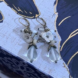 Vintage 00s Elegant Beaded Floral Drop Earrings White Cream Glass and Brass C1
